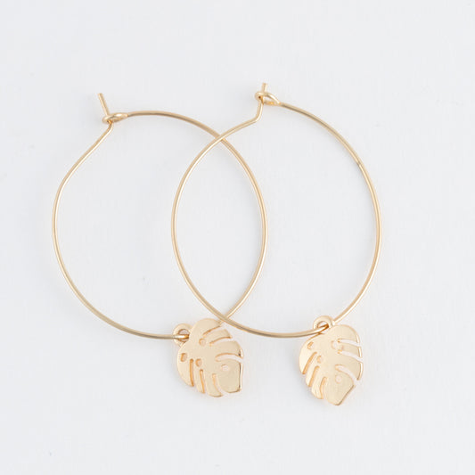 Dainty Monstera Leaf Charm Hoop Earrings