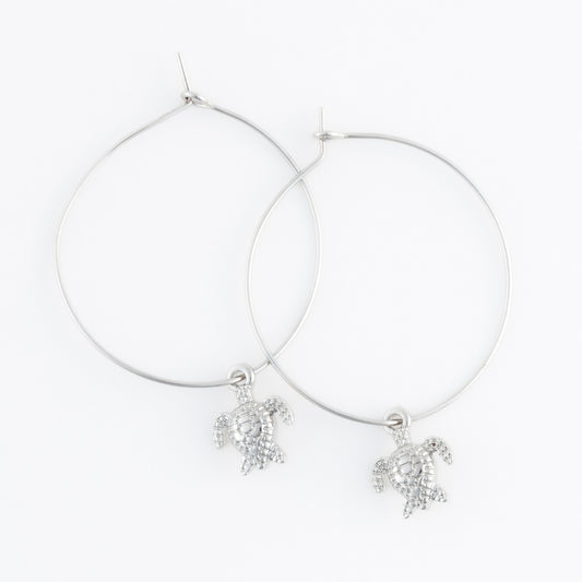 Dainty Sea Turtle Charm Hoop Earrings