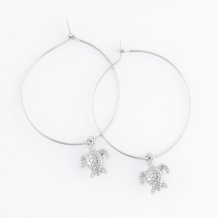 Dainty Sea Turtle Charm Hoop Earrings