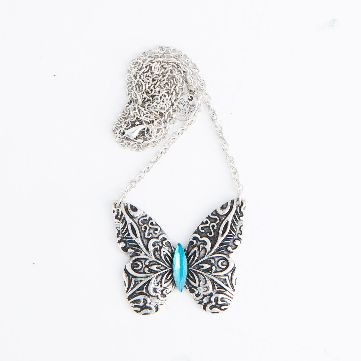 Zenni Engraved Antique Silver Butterfly 18" Pendant Necklace