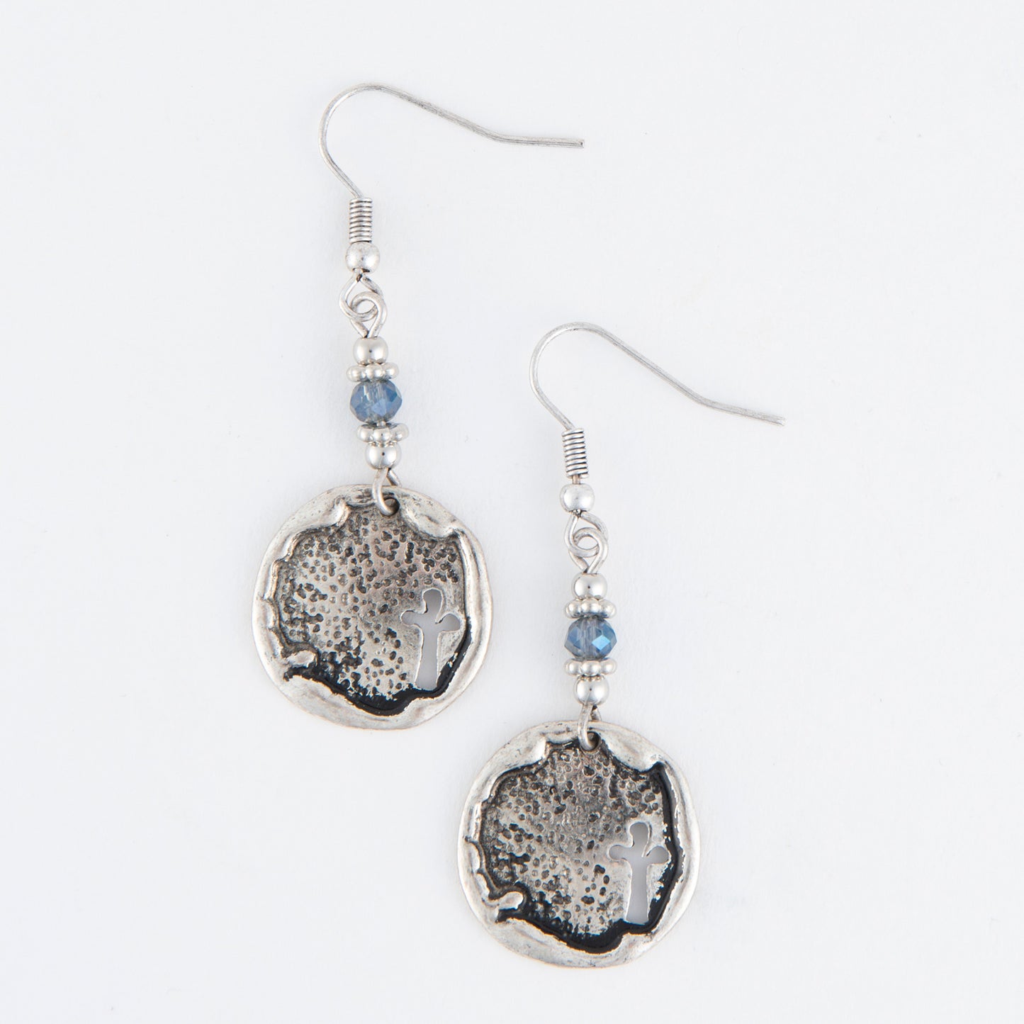 Wild Spirit Blue Beaded Silver Cross Disc Earrings