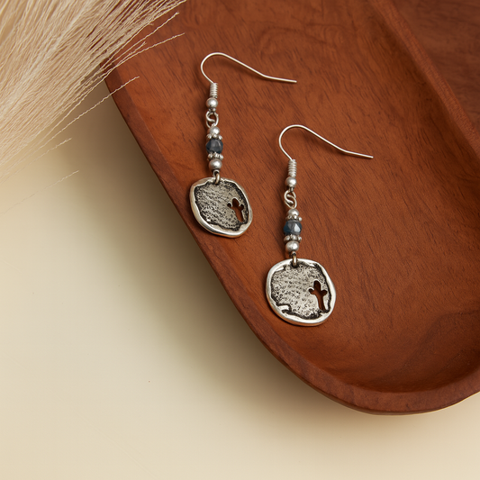 Wild Spirit Blue Beaded Silver Cross Disc Earrings