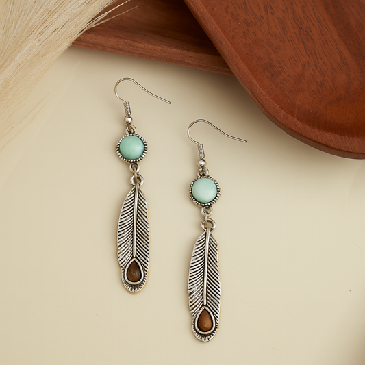 Wild Spirit Genuine Stone Silver Feather Pendant Earrings