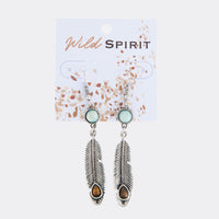 Wild Spirit Genuine Stone Silver Feather Pendant Earrings