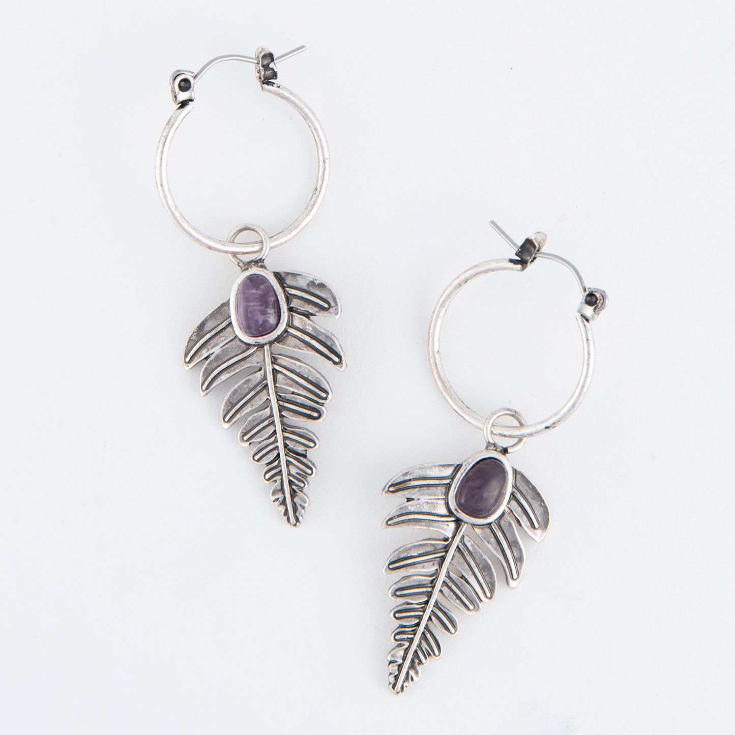 Wild Spirit Amethyst Silver Leaf Hoop Earrings
