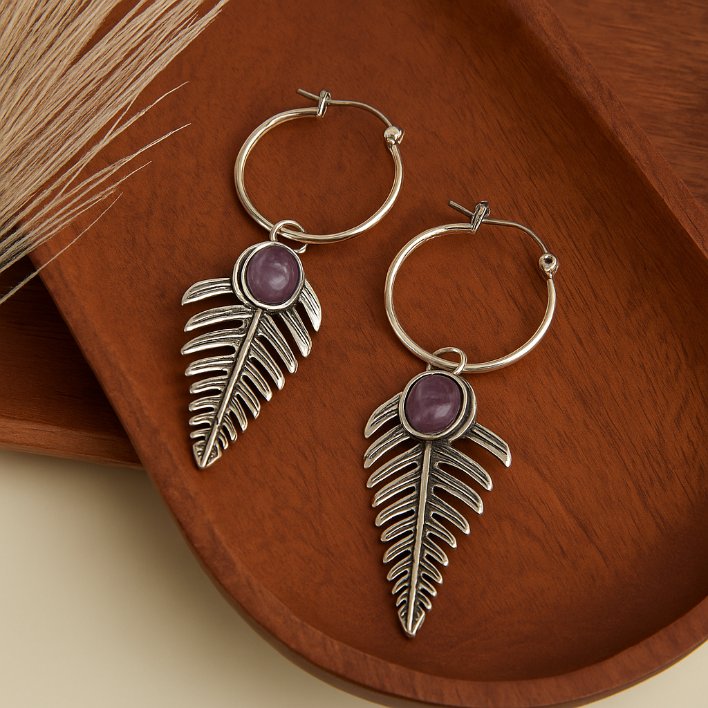 Wild Spirit Amethyst Silver Leaf Hoop Earrings