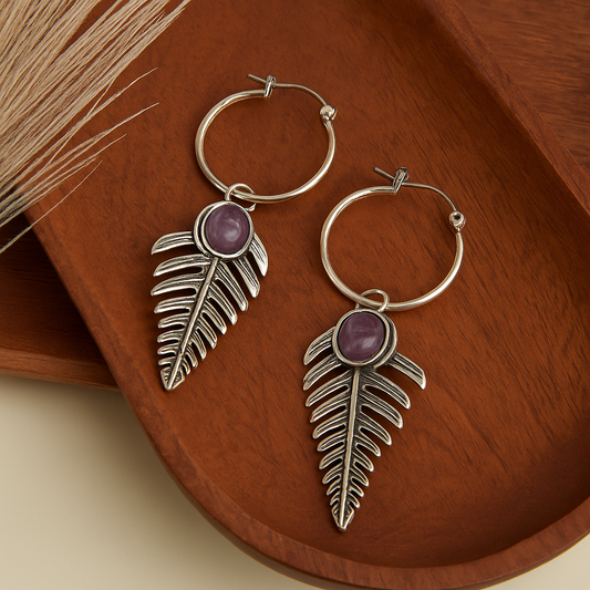 Wild Spirit Amethyst Silver Leaf Hoop Earrings