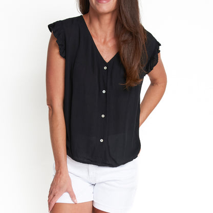 Amerie Black Crepe Button Up V-Neck Tank Top