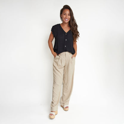 Amerie Black Crepe Button Up V-Neck Tank Top