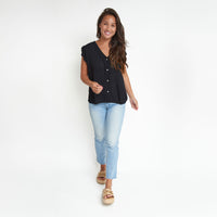 Amerie Black Crepe Button Up V-Neck Tank Top