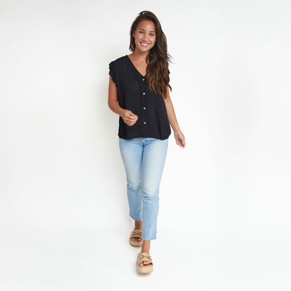 Amerie Black Crepe Button Up V-Neck Tank Top