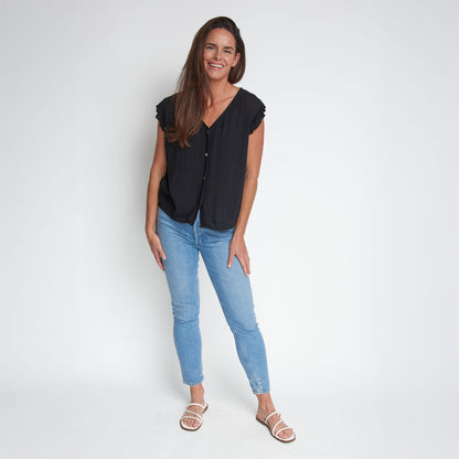 Amerie Black Crepe Button Up V-Neck Tank Top