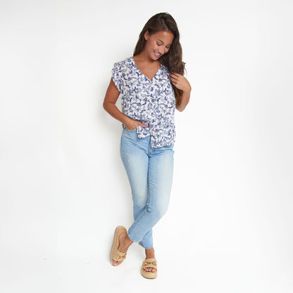 Amerie Floral Crepe Button Up V-Neck Tank Top