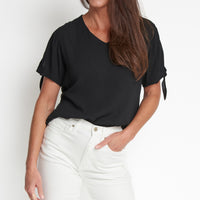Nika Crepe Tied Short Sleeve V-Neck Blouse