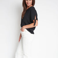 Nika Crepe Tied Short Sleeve V-Neck Blouse