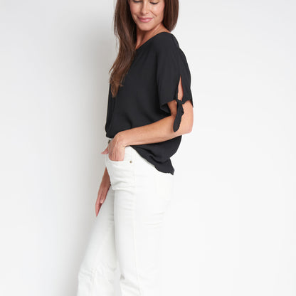 Nika Crepe Tied Short Sleeve V-Neck Blouse