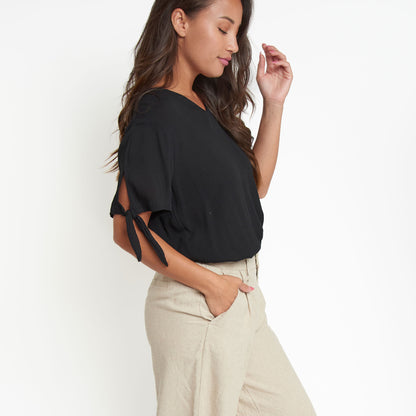 Nika Crepe Tied Short Sleeve V-Neck Blouse