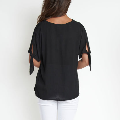 Nika Crepe Tied Short Sleeve V-Neck Blouse