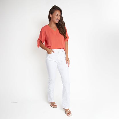 Nika Crepe Tied Short Sleeve V-Neck Blouse