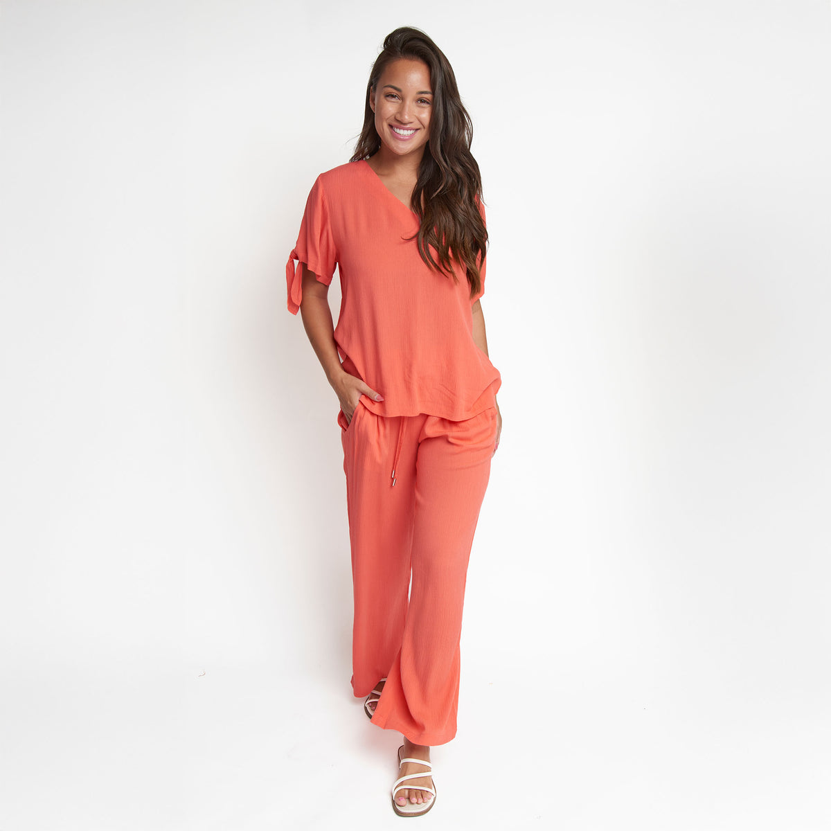 Nika Crepe Tied Short Sleeve V-Neck Blouse