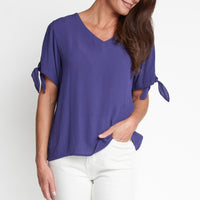 Nika Crepe Tied Short Sleeve V-Neck Blouse