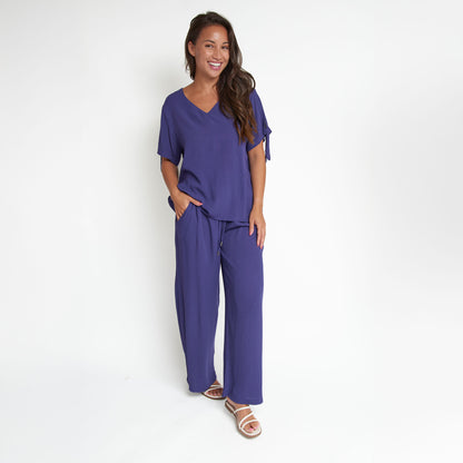 Nika Crepe Tied Short Sleeve V-Neck Blouse