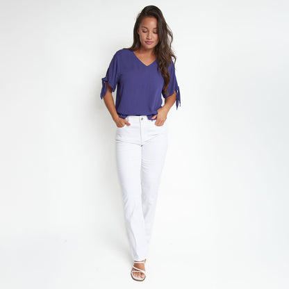 Nika Crepe Tied Short Sleeve V-Neck Blouse
