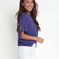 Nika Crepe Tied Short Sleeve V-Neck Blouse