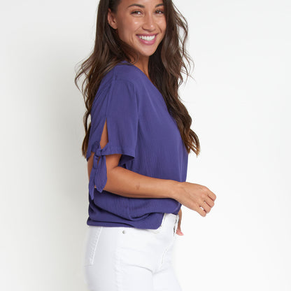 Nika Crepe Tied Short Sleeve V-Neck Blouse