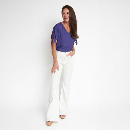 Nika Crepe Tied Short Sleeve V-Neck Blouse