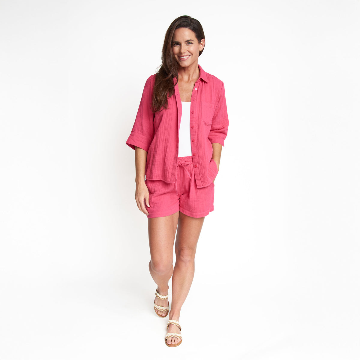 Dylan Cotton Gauze 3/4 Sleeve Button Up Top