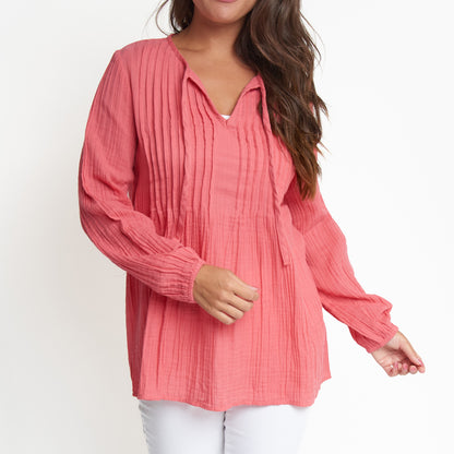 Eisley Cotton Gauze Long Sleeve Pintuck V-Neck Tunic