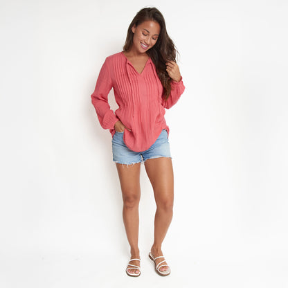 Eisley Cotton Gauze Long Sleeve Pintuck V-Neck Tunic