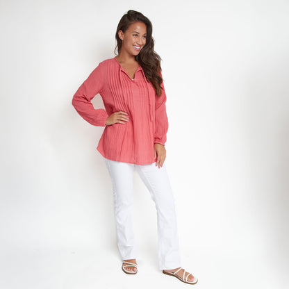 Eisley Cotton Gauze Long Sleeve Pintuck V-Neck Tunic