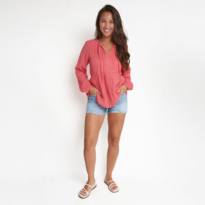 Eisley Cotton Gauze Long Sleeve Pintuck V-Neck Tunic