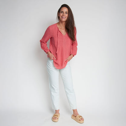 Eisley Cotton Gauze Long Sleeve Pintuck V-Neck Tunic