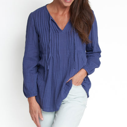 Eisley Cotton Gauze Long Sleeve Pintuck V-Neck Tunic