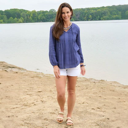 Eisley Cotton Gauze Long Sleeve Pintuck V-Neck Tunic