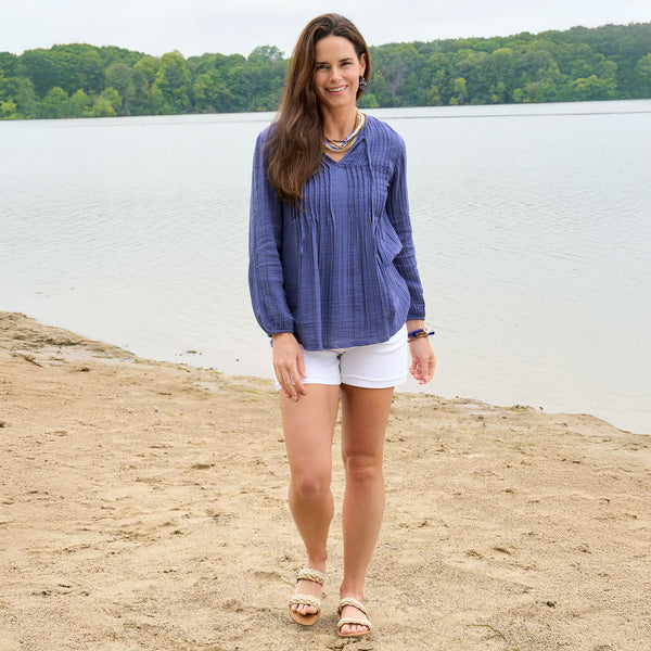 Eisley Cotton Gauze Long Sleeve Pintuck V-Neck Tunic
