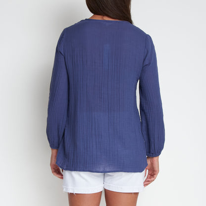 Eisley Cotton Gauze Long Sleeve Pintuck V-Neck Tunic