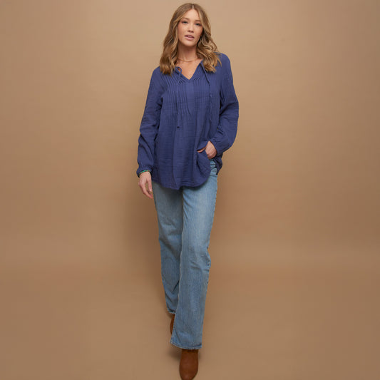 Eisley Cotton Gauze Long Sleeve Pintuck V-Neck Tunic