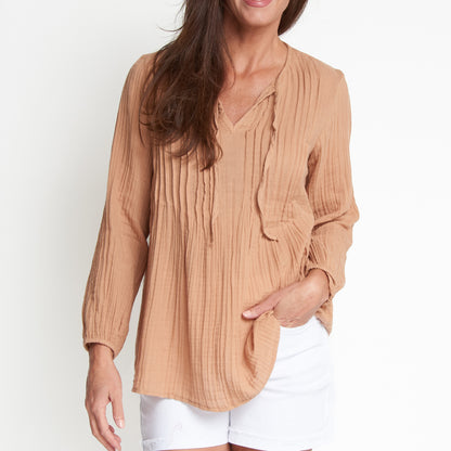 Eisley Cotton Gauze Long Sleeve Pintuck V-Neck Tunic