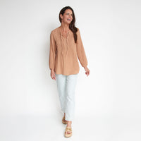 Eisley Cotton Gauze Long Sleeve Pintuck V-Neck Tunic