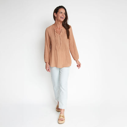 Eisley Cotton Gauze Long Sleeve Pintuck V-Neck Tunic