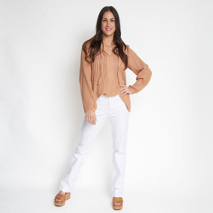 Eisley Cotton Gauze Long Sleeve Pintuck V-Neck Tunic