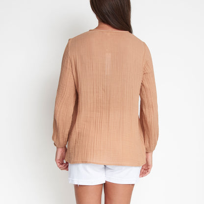 Eisley Cotton Gauze Long Sleeve Pintuck V-Neck Tunic