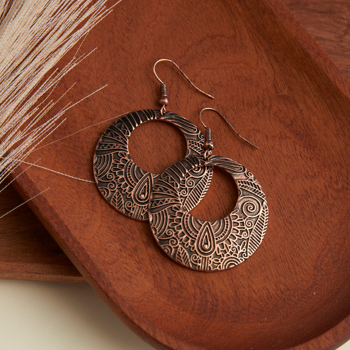 Wild Spirit Western Copper Floral Texture Ring Drop Earrings