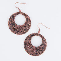 Wild Spirit Western Copper Floral Texture Ring Drop Earrings