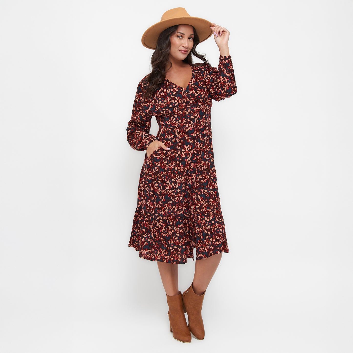 Drew Floral Fig V-Neck Long Sleeve Tiered Dress
