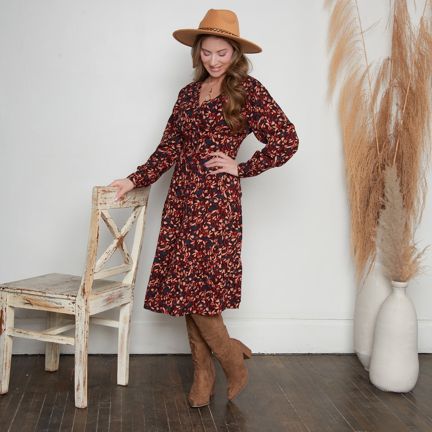 Drew Floral Fig V-Neck Long Sleeve Tiered Dress